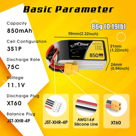 TATTU 850mAh 11.1V 3S battery side angle showing XT60 connector