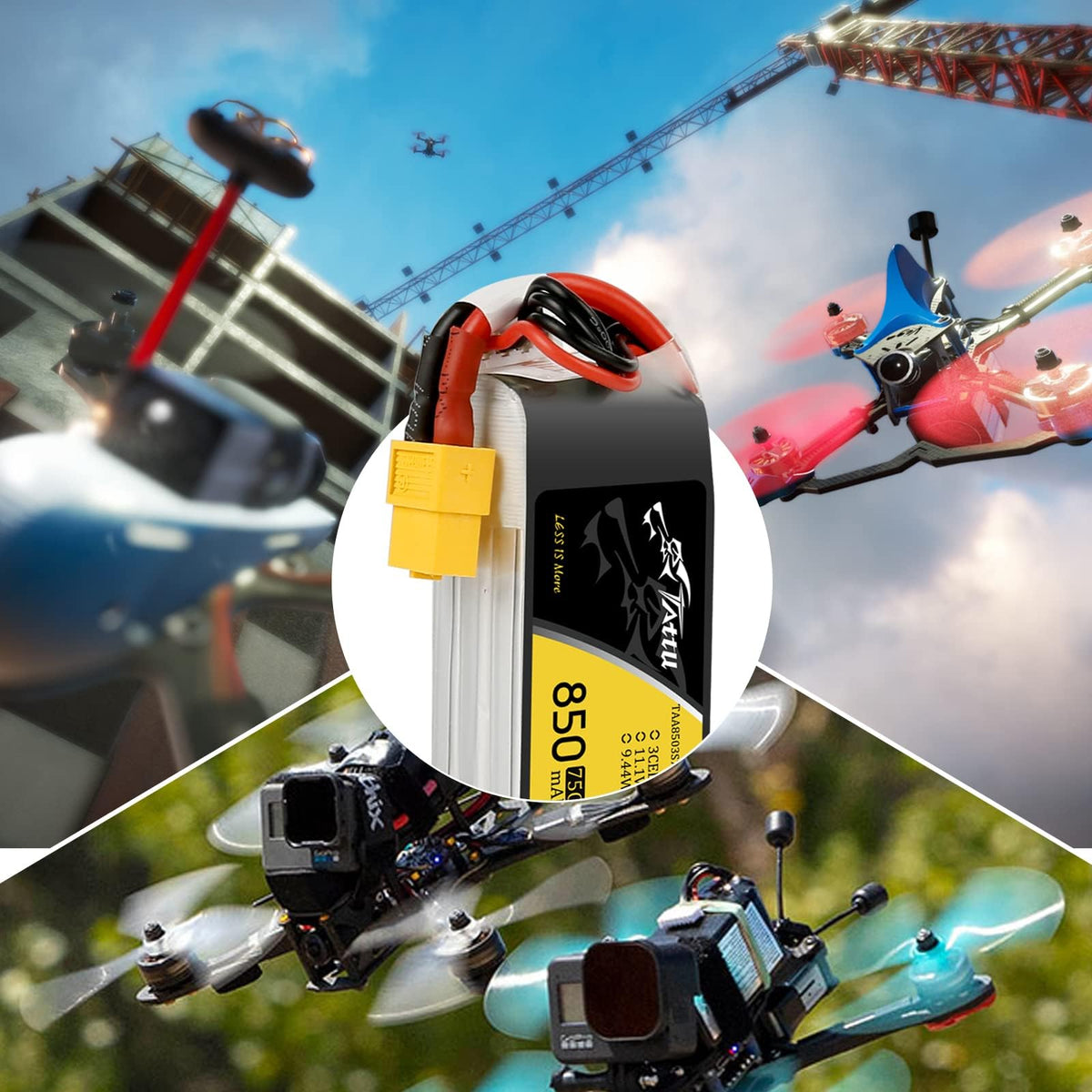 TATTU 850mAh 3S battery in use with an RC drone