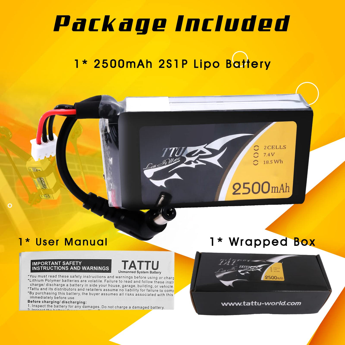 TATTU battery packaging showing warranty and support information.