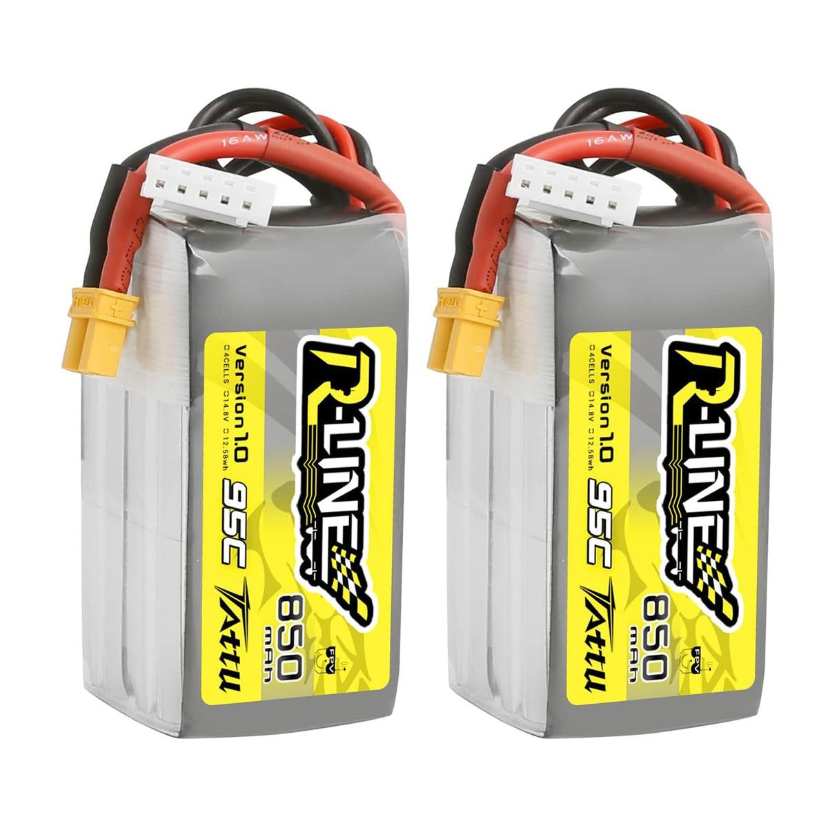 TATTU R-Line 850mAh battery pack front view showing compact FPV power