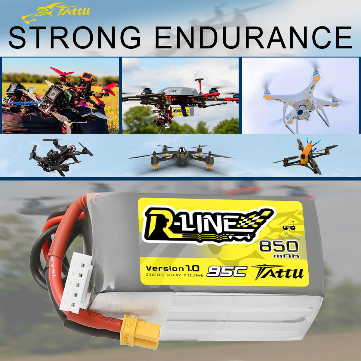 Two-pack packaging of TATTU R-Line 850mAh battery packs for FPV kits