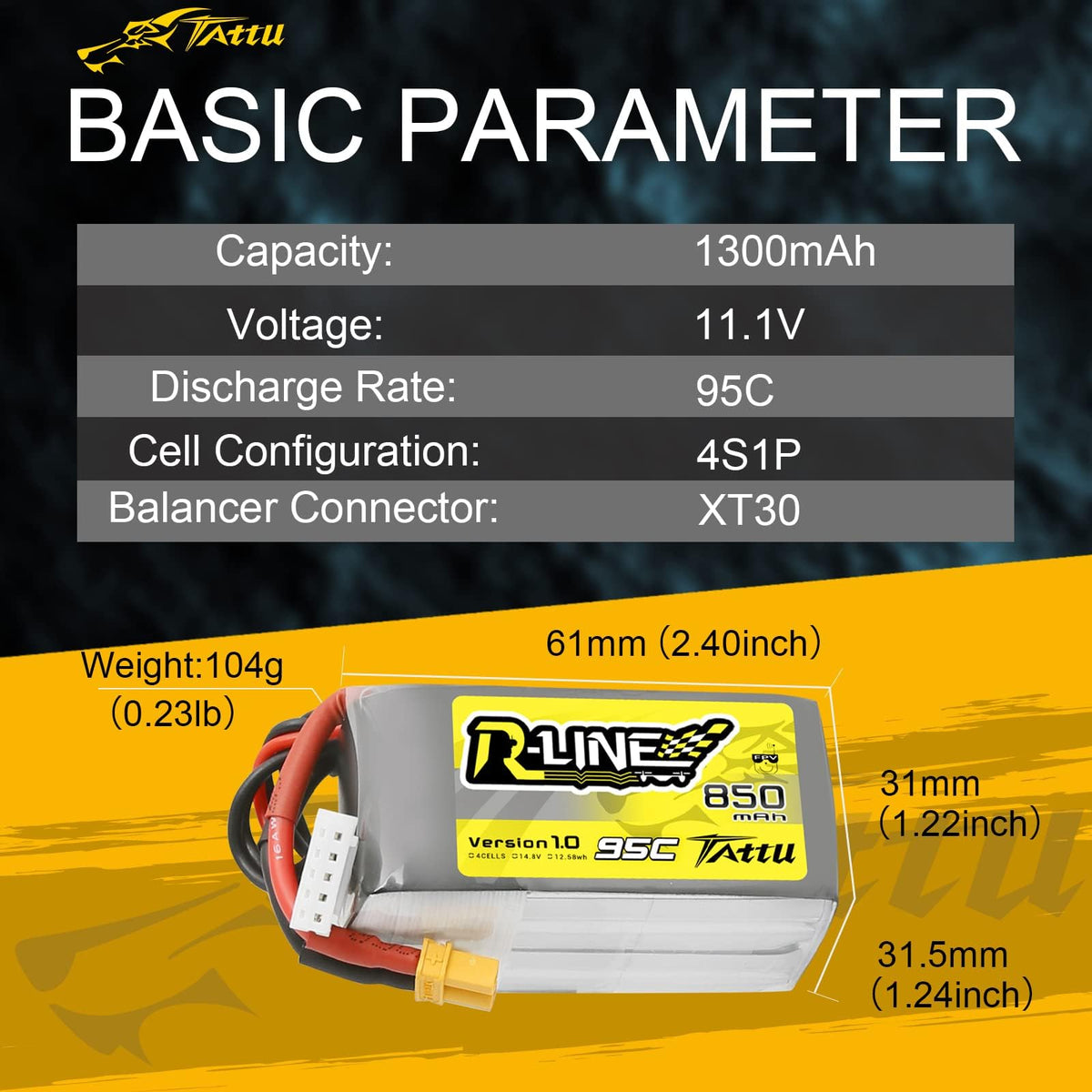 TATTU R-Line 850mAh battery pack side view highlighting slim dimensions for tight builds