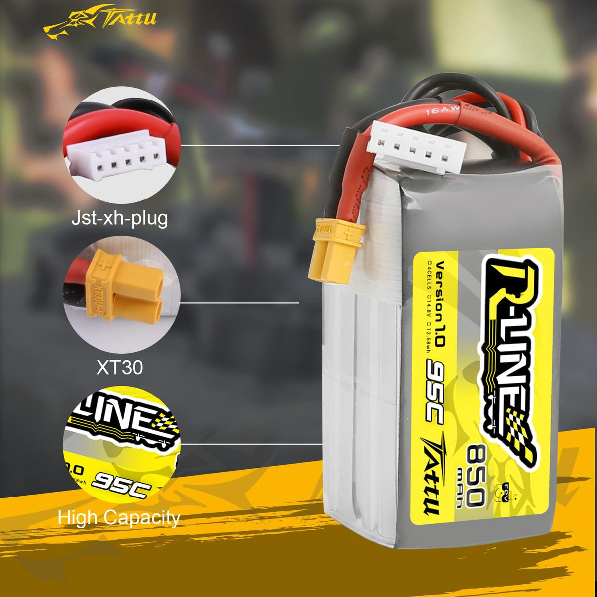 TATTU R-Line 850mAh battery pack XT30 connector close-up for fast connections