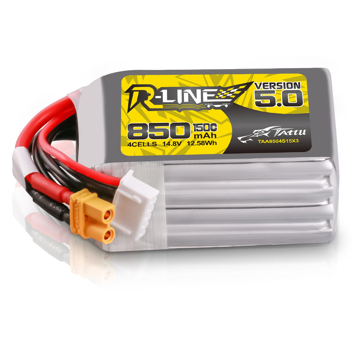 TATTU R-Line V5.0 4S 850mAh top view, compact footprint for FPV drones.