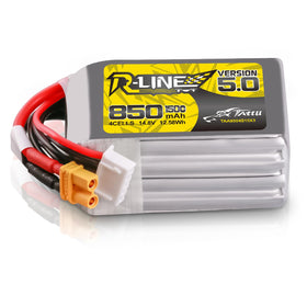 TATTU R-Line V5.0 4S 850mAh top view, compact footprint for FPV drones.