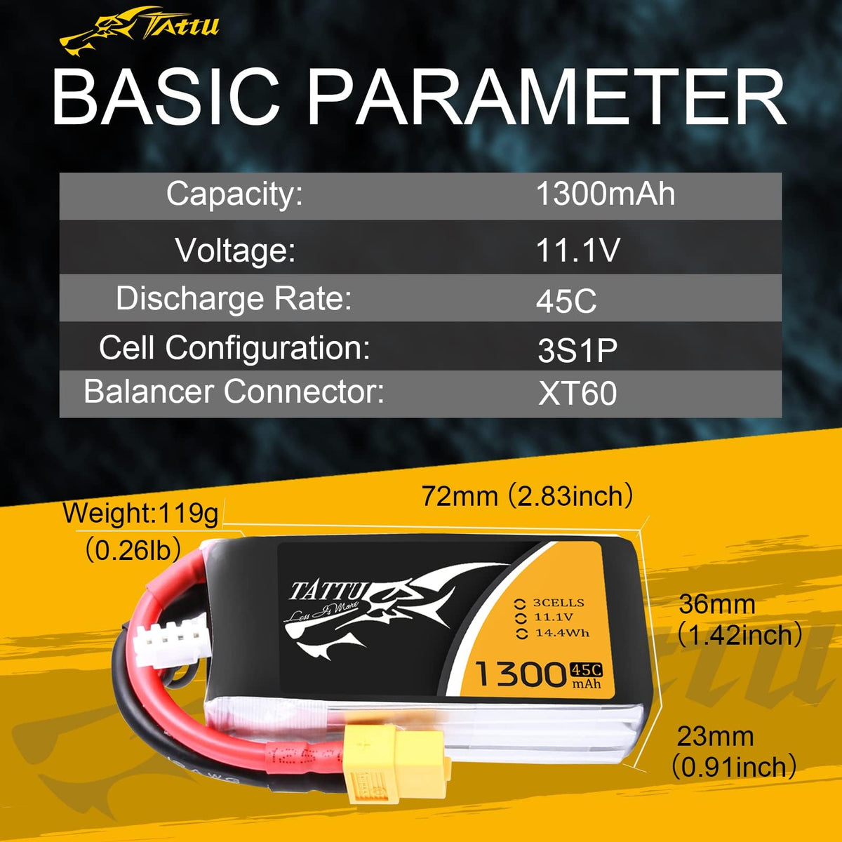 Compact hardcase LiPo battery by TATTU with precise dimensions