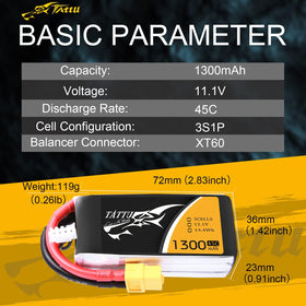 Compact hardcase LiPo battery by TATTU with precise dimensions