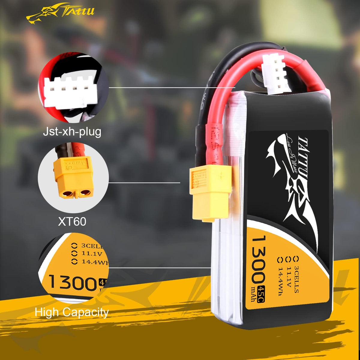 XT60 plug close-up on TATTU battery showing secure connections