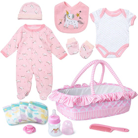TatuDoll 13-pcs set with pink love bassinet for portable doll play and storage