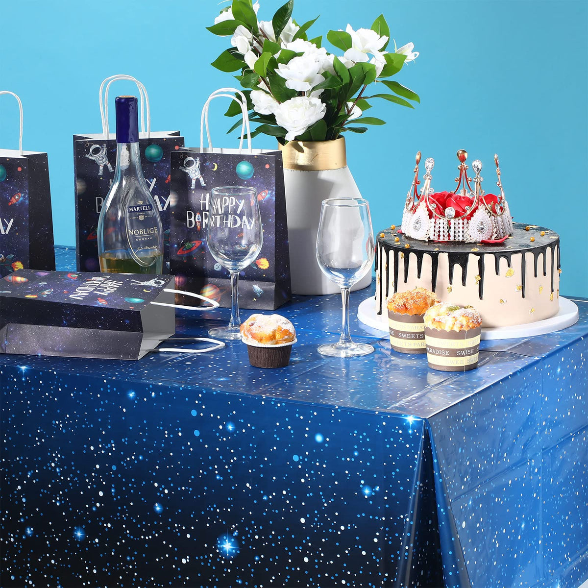 Tatuo starry night table cover on kitchen table with easy cleanup.