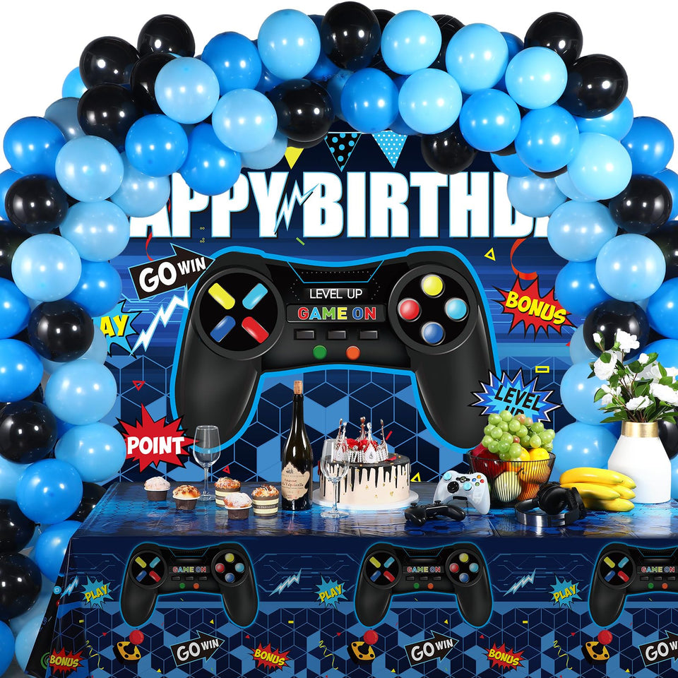 Tatuo video game birthday backdrop in blue and black as party focal point
