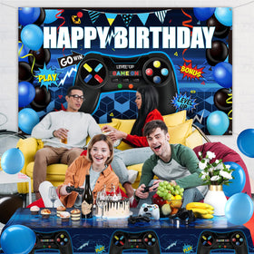 Tatuo video game birthday entrance decor welcomes guests in blue and black