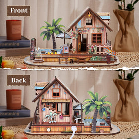 Tawd LED lighting enhances the puzzle display with warm ambience.