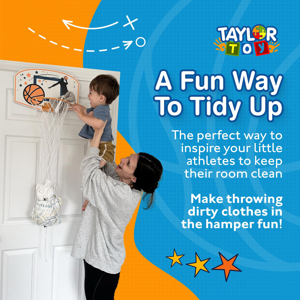 Taylor Toy basketball hoop door hanger stores laundry quickly after playtime.