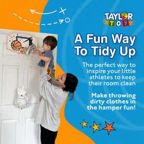 Taylor Toy basketball hoop door hanger stores laundry quickly after playtime.