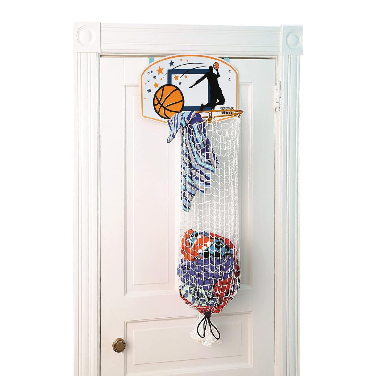 Taylor Toy over-the-door basketball hamper with backboard keeps kids' room tidy.