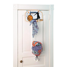 Taylor Toy over-the-door basketball hamper with backboard keeps kids' room tidy.