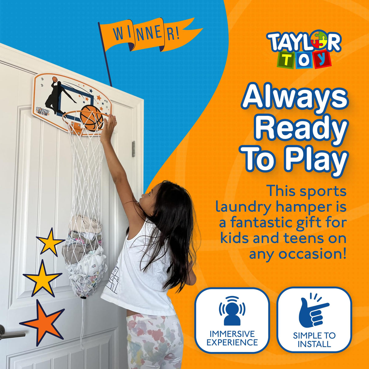 Taylor Toy sports-themed hamper enhances teen dorm decor while organizing chores.