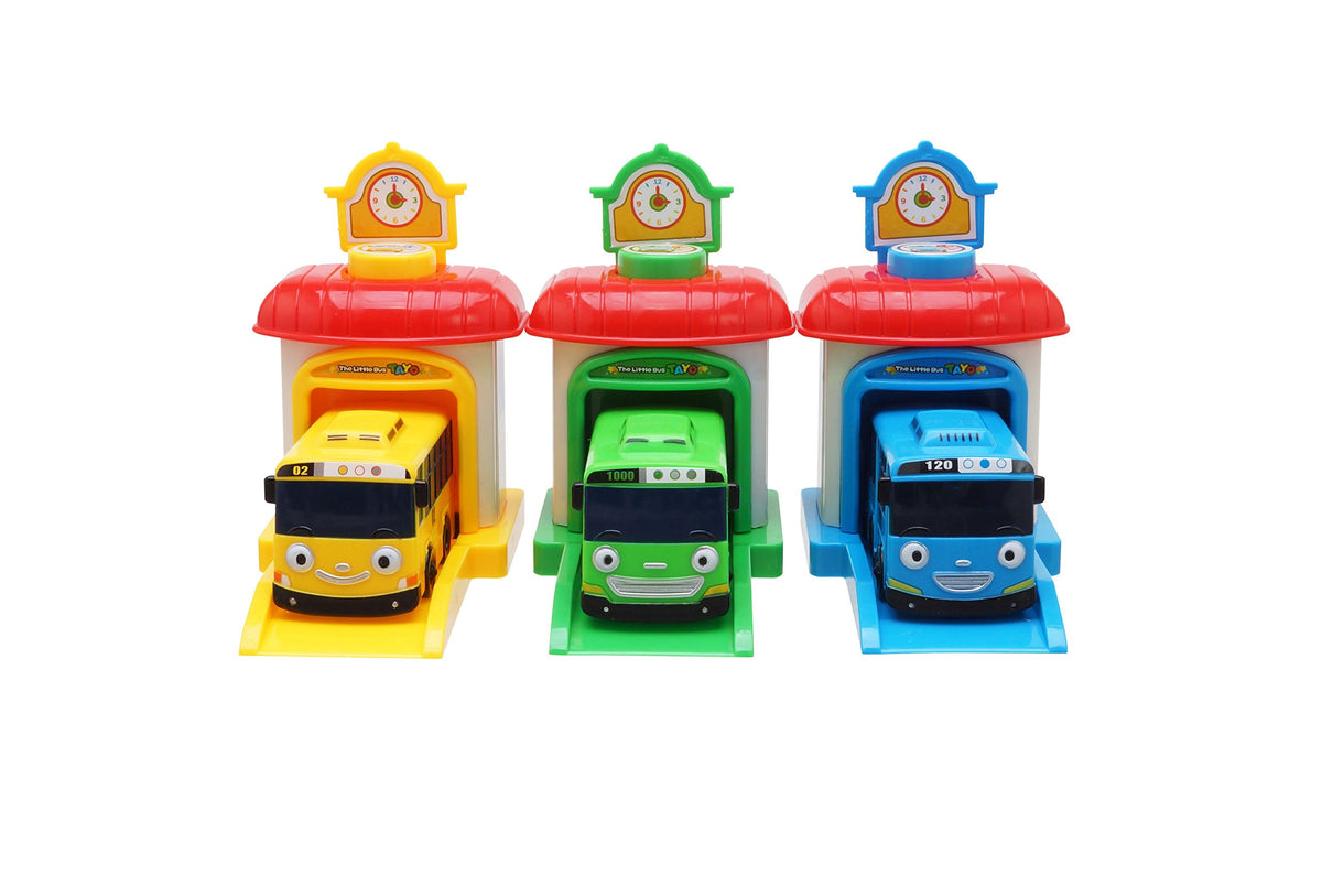 Tayo the Little Bus garage button press action demonstrates forward motion in pretend play.