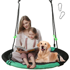 TBMLC saucer swing with 40-inch diameter frame for spacious backyard lounging.