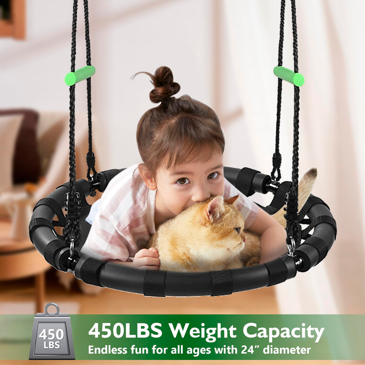 TBMLC saucer swing PP mat provides soft, breathable seating.