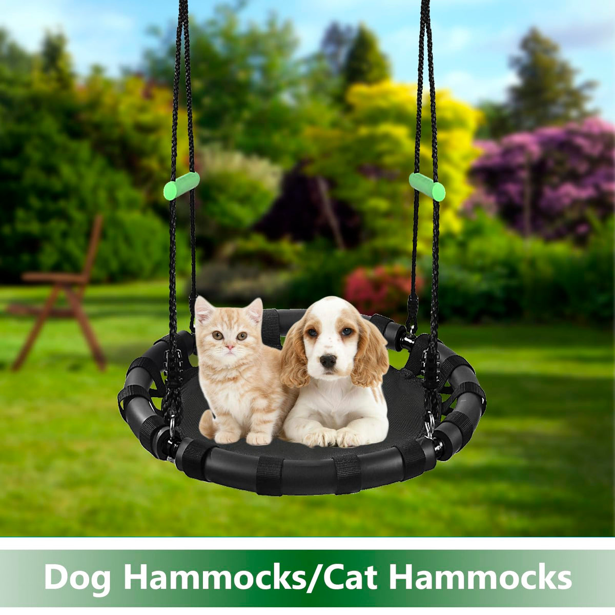 TBMLC saucer swing hung from a tree for outdoor relaxation.