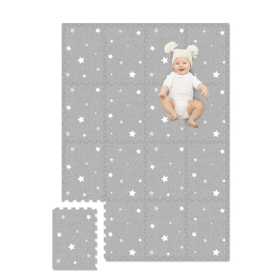 TCBunny extra-large play mat in grey star puzzle tiles provides a roomy play area for babies