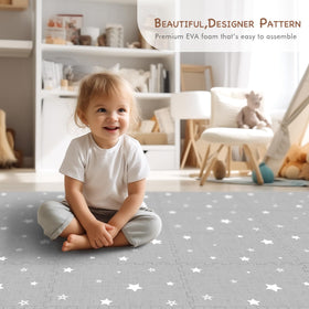 Neutral gray star pattern complements any living space and baby gear