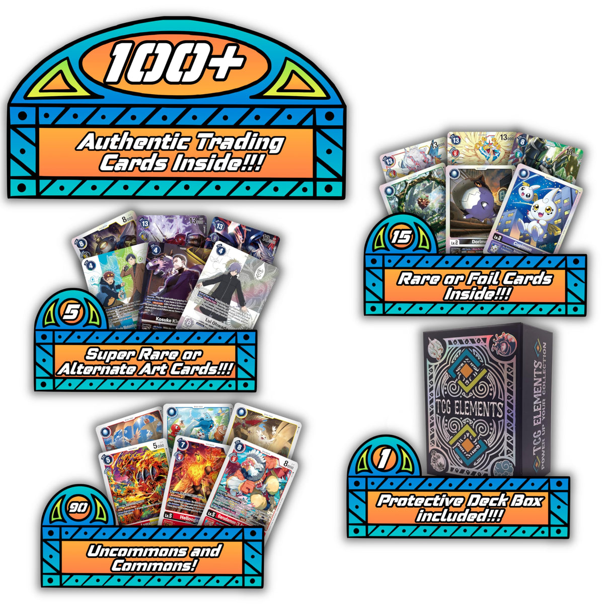 TCG Elements Digimon Starter Bundle cards laid out for easy viewing and sorting.