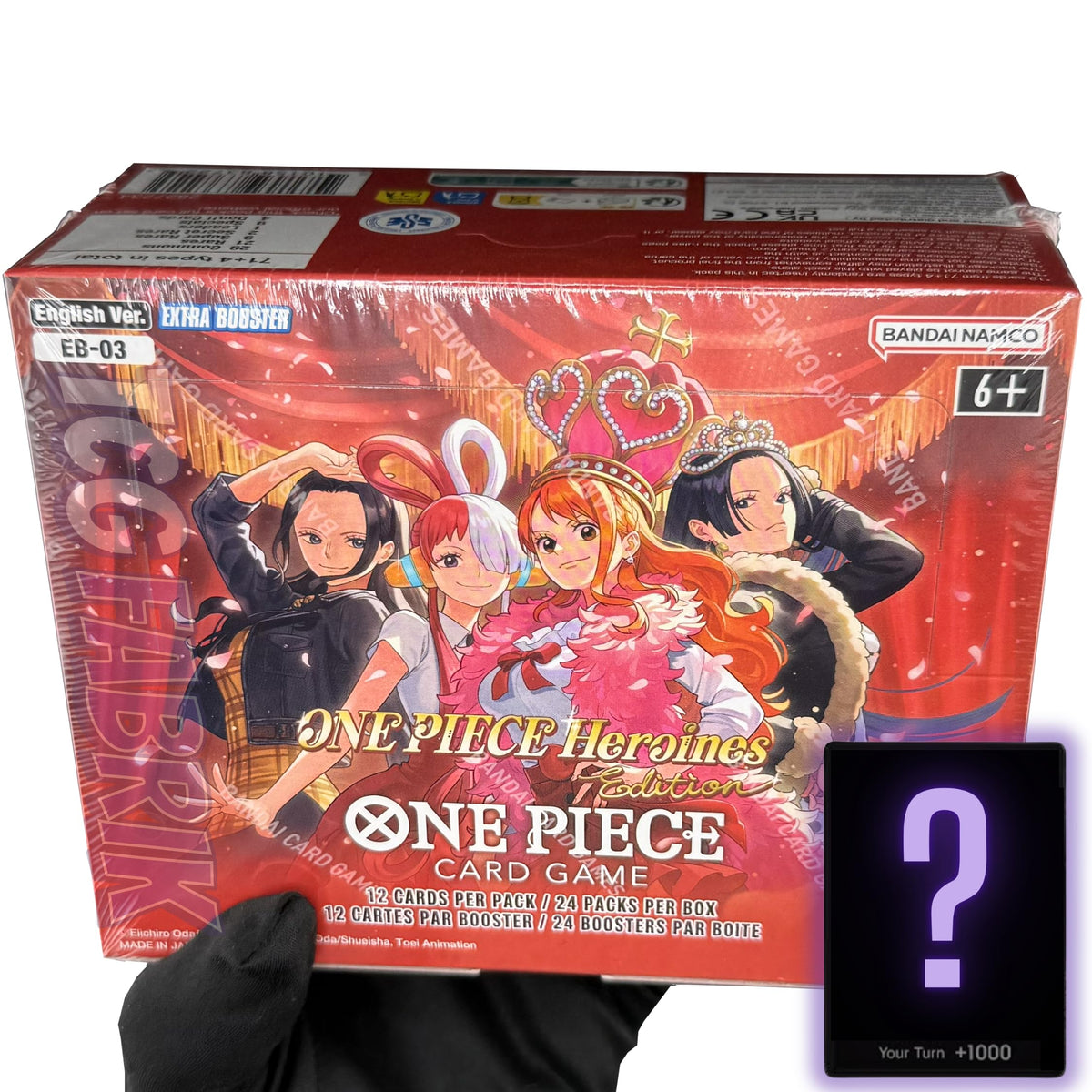 TCG Fabrik EB03 Heroines Edition booster box display with sealed packaging for One Piece cards.