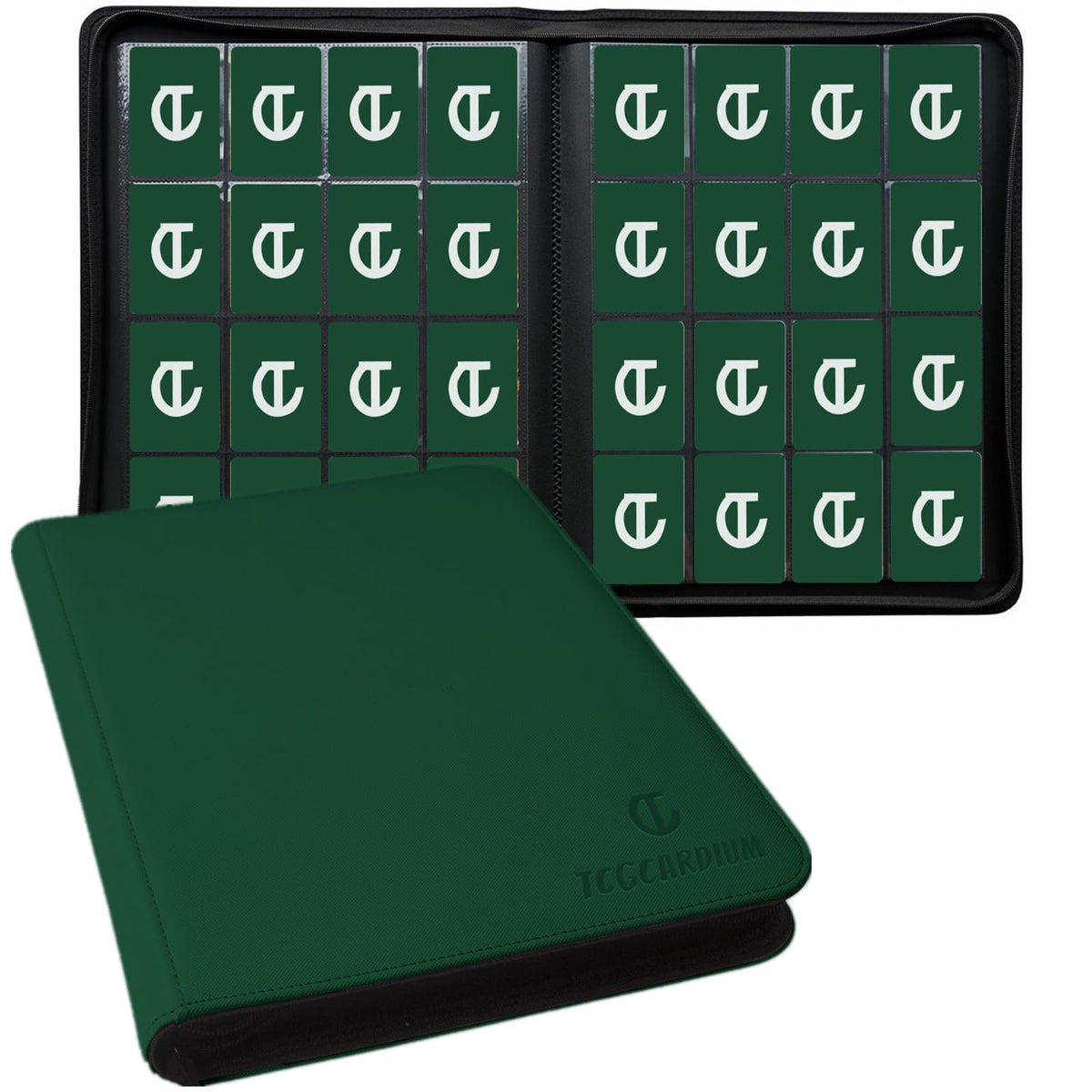 TCGCARDIUM 1660+ Pockets binder front cover in green showcasing premium storage for growing card collections.
