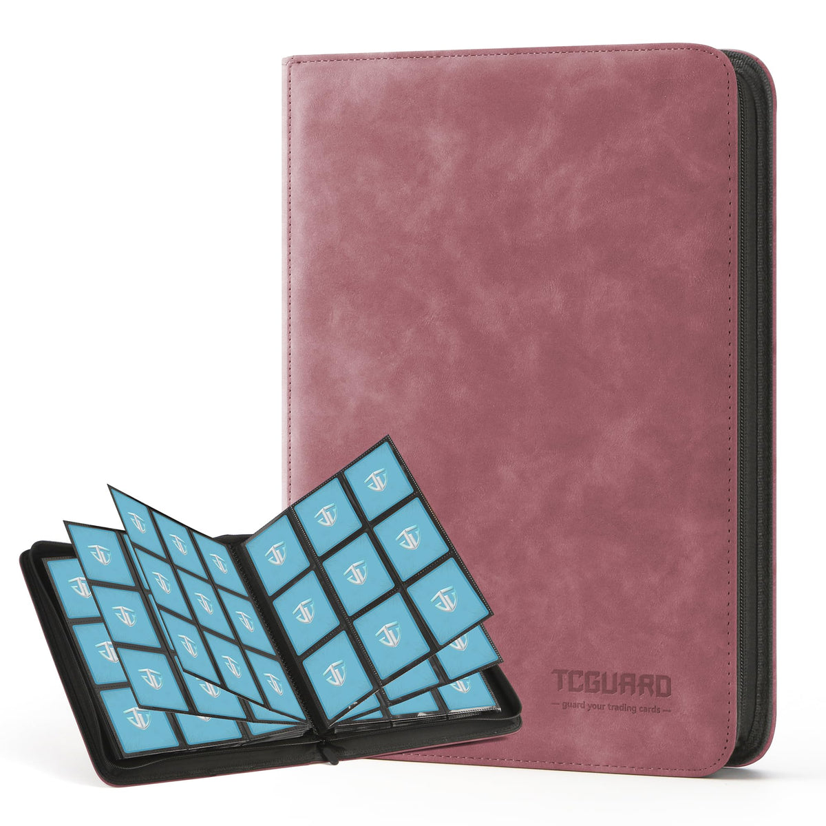 TCGUARD binder front view shows premium PU leather and secure zipper.