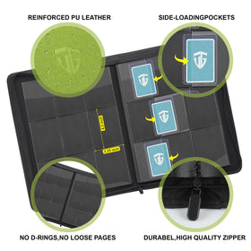 TCGUARD Toploader Binder shows 216-card capacity for organized storage.