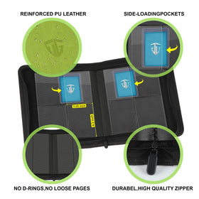 TCGUARD Toploader Binder with 3x4 toploaders securely holding sleeved cards.
