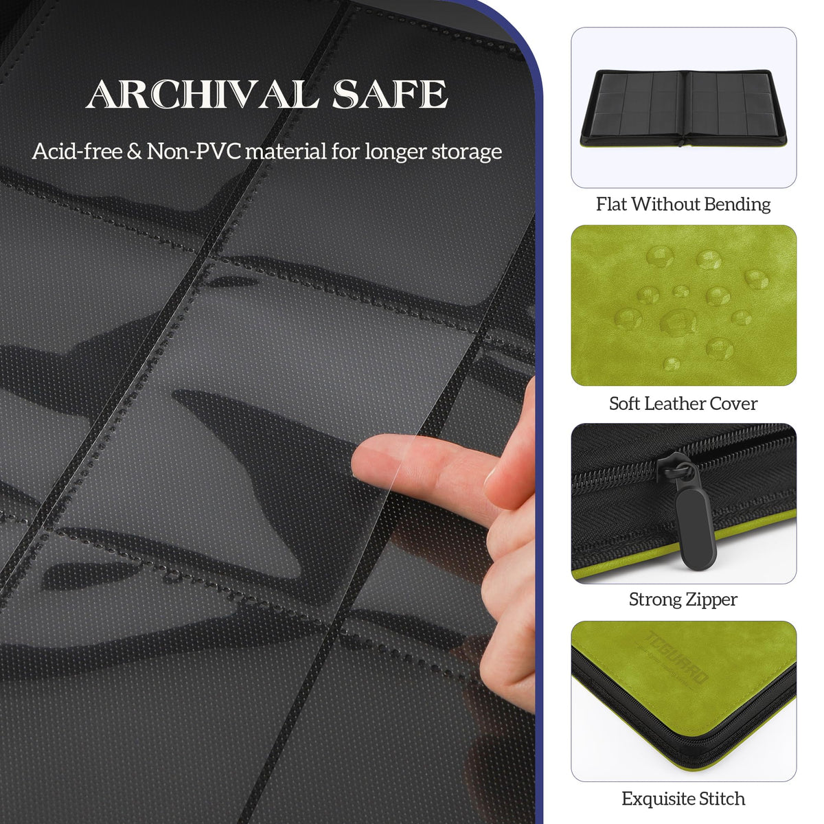 TCGUARD acid-free polypropylene pockets prevent fading and staining.