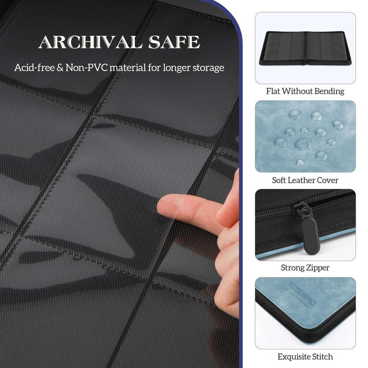 TCGUARD zipper closure and PU leather shell protect cards during travel.
