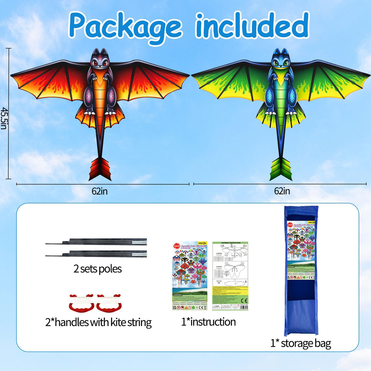 Tcvents 62inch green dragon kite in flight for park or beach adventures