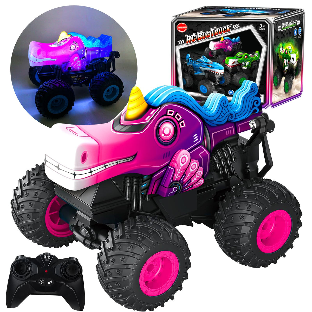 Tcvents Monster Truck Unicorn RC car with vivid lights for engaging playtime.