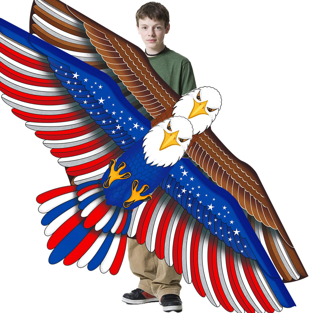 Tcvents patriotic eagle kite in blue sky for family beach fun.