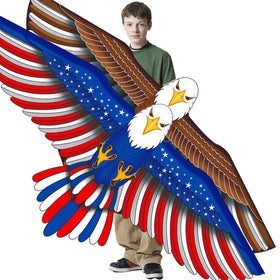 Tcvents patriotic eagle kite in blue sky for family beach fun.