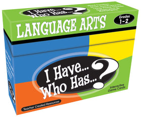 Teacher Created Resources I Have Have Who Has language arts game cards spread across desks to invite participation