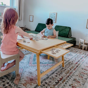 TEAKMAMA folding puzzle table with protective cover saves space between uses