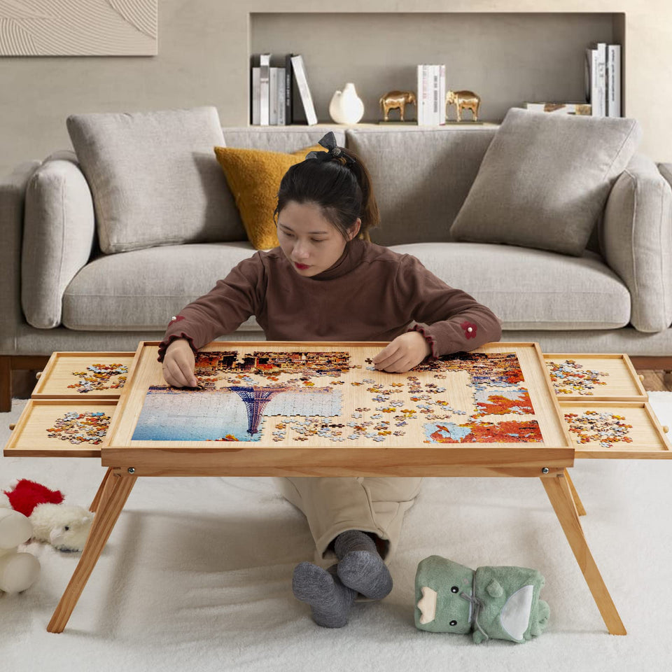 TEAKMAMA puzzle table with four drawers keeps pieces organized for easy assembly