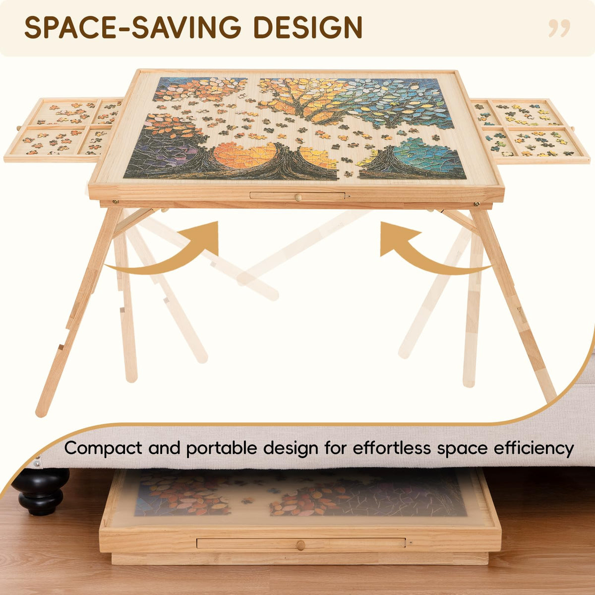 TEAKMAMA puzzle table dimensions 34.2 in wide by 26.5 in deep