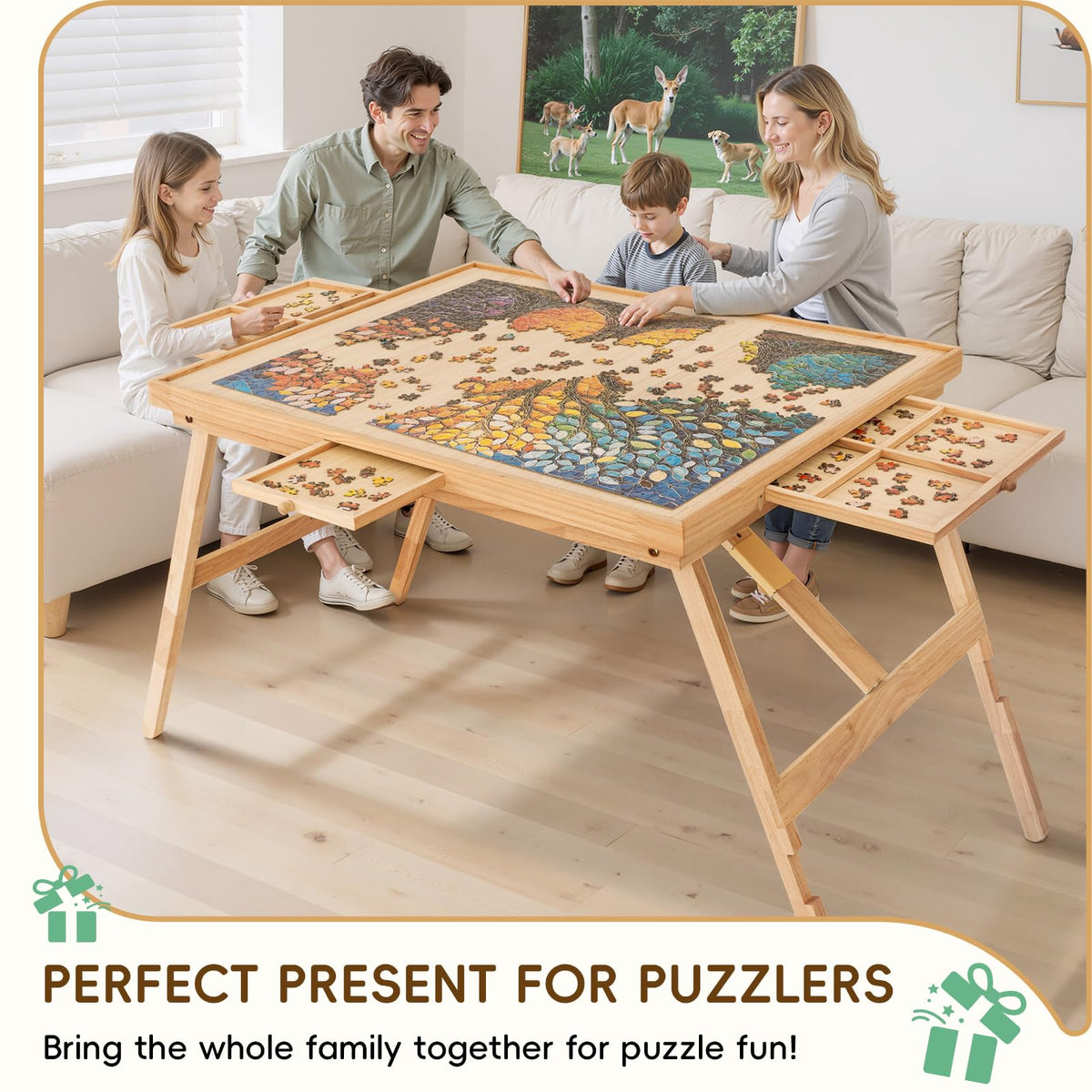 TEAKMAMA puzzle table drawer organization keeps pieces sorted by color