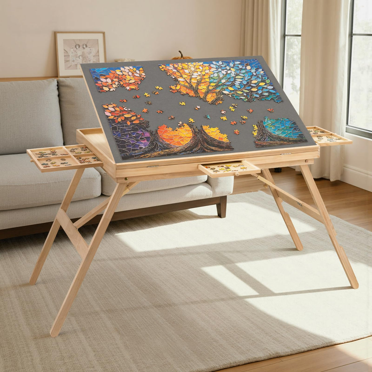 TEAKMAMA Puzzle Table displayed with tilt angles for ergonomic puzzle work