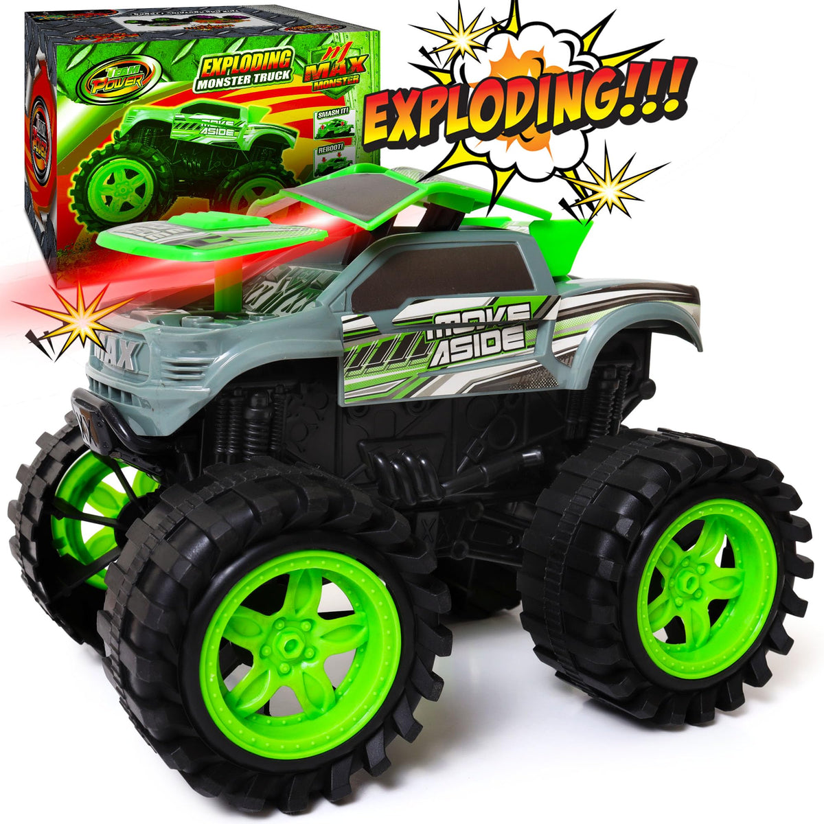 Team Power Exploding Monster Truck Toy with crash sounds and flashing lights for immersive play.