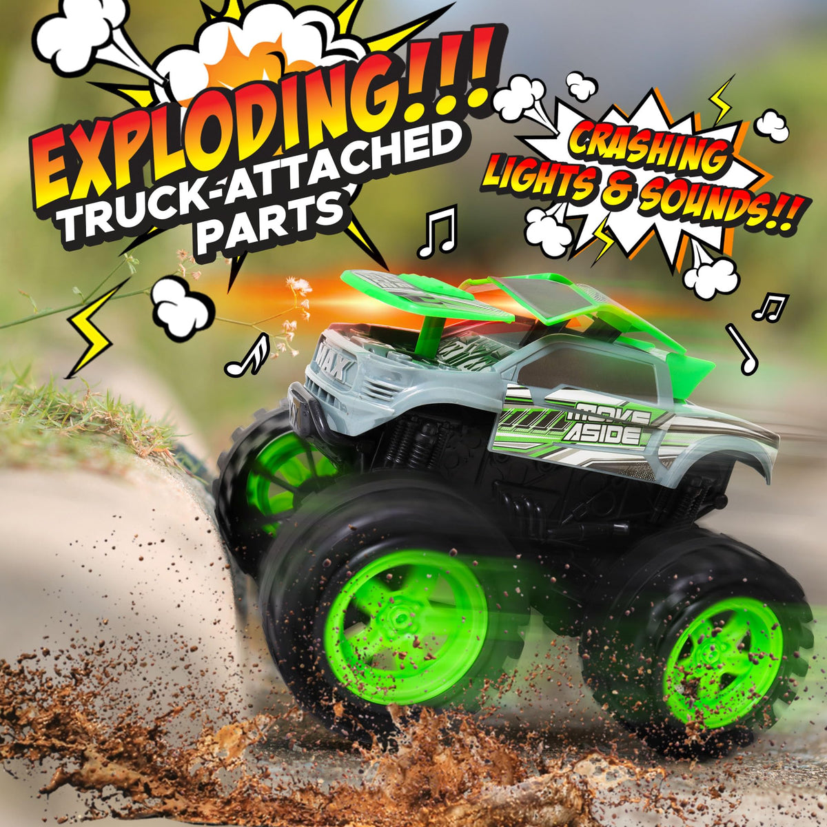 Team Power Exploding Monster Truck Toy front wheels trigger dramatic crash action during play.