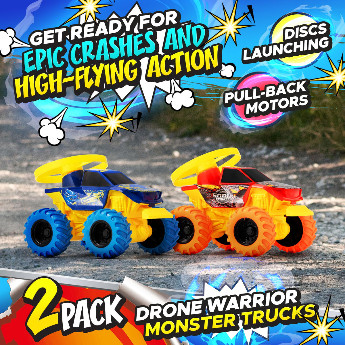 Team Power Monster Trucks Disc Launcher action shows air-launch capability.