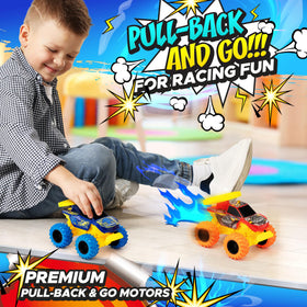 Team Power Pull-Back Motors trucks ready-to-race posture for instant action.